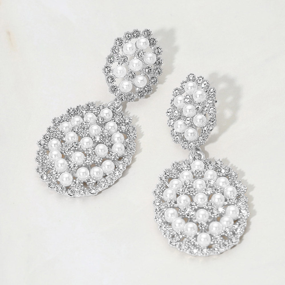 Pearl Rhinestone Embellished Cluster Drop Evening Earrings