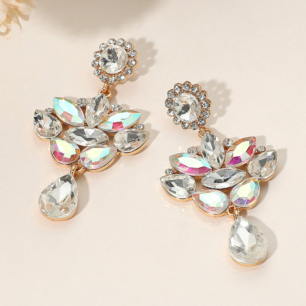 Teardrop Stone Cluster Dangle Marquise Stone Cluster Embellished Drop Evening Earrings