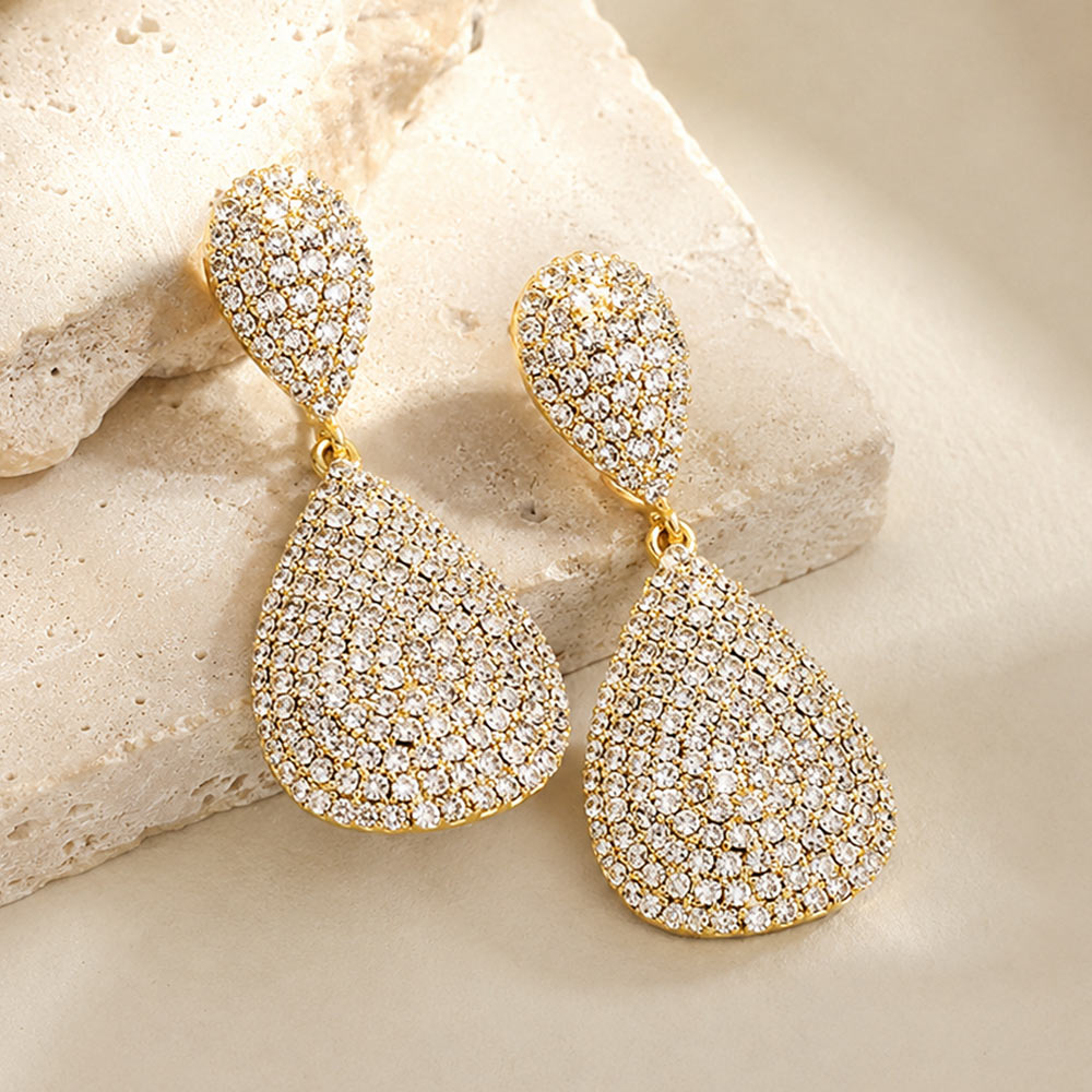 Crystal Rhinestone Pave Double Teardrop Evening Earrings