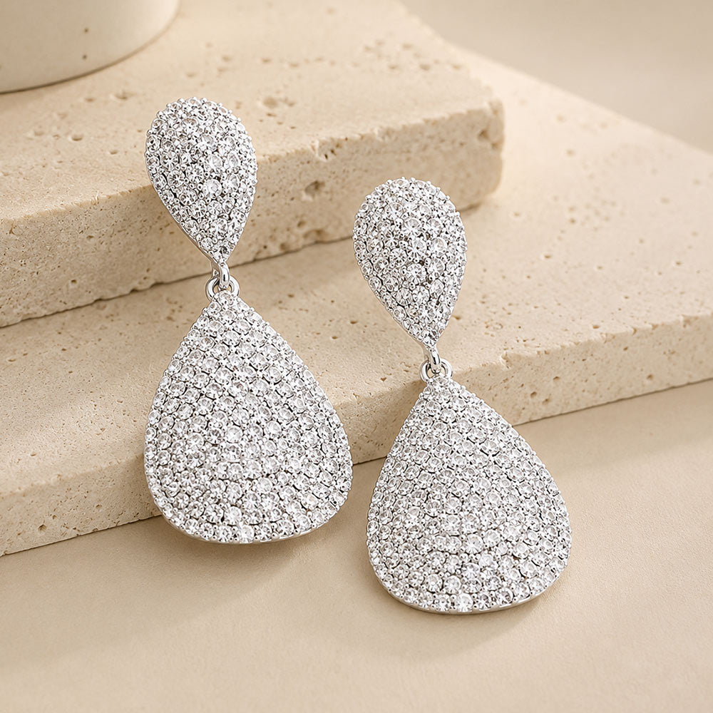 Crystal Rhinestone Pave Double Teardrop Evening Earrings