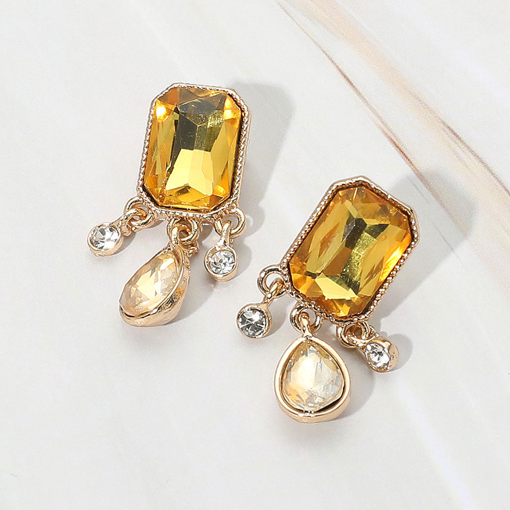 Emerald Cut Stone Accented Round Teardrop Link Dangle Evening Earrings