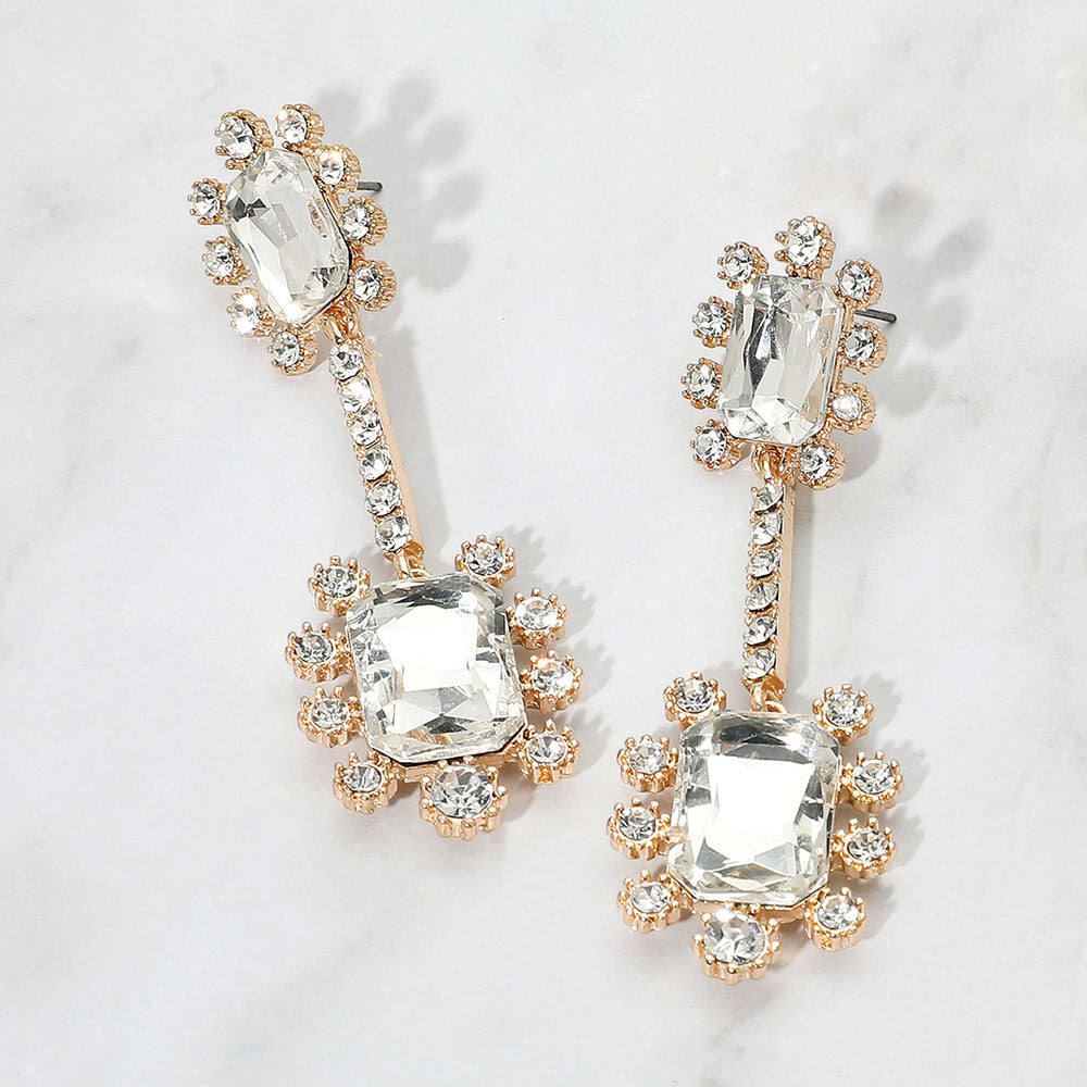 Double Emerald Cut Stone Accented Dangle Evening Earrings