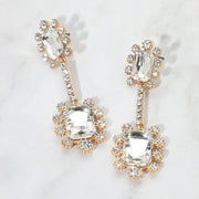 Double Emerald Cut Stone Accented Dangle Evening Earrings
