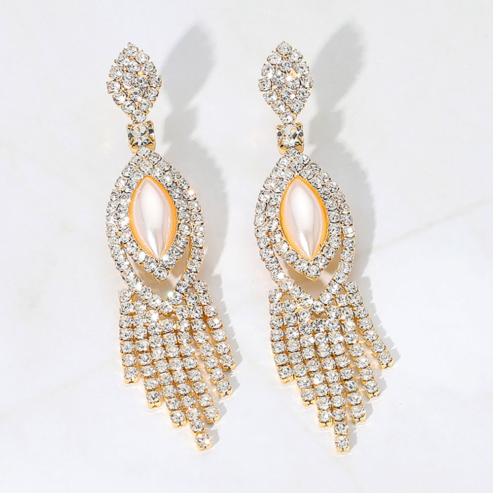 Marquise Pearl Pointed Rhinestone Paved Fringe Dangle Earrings