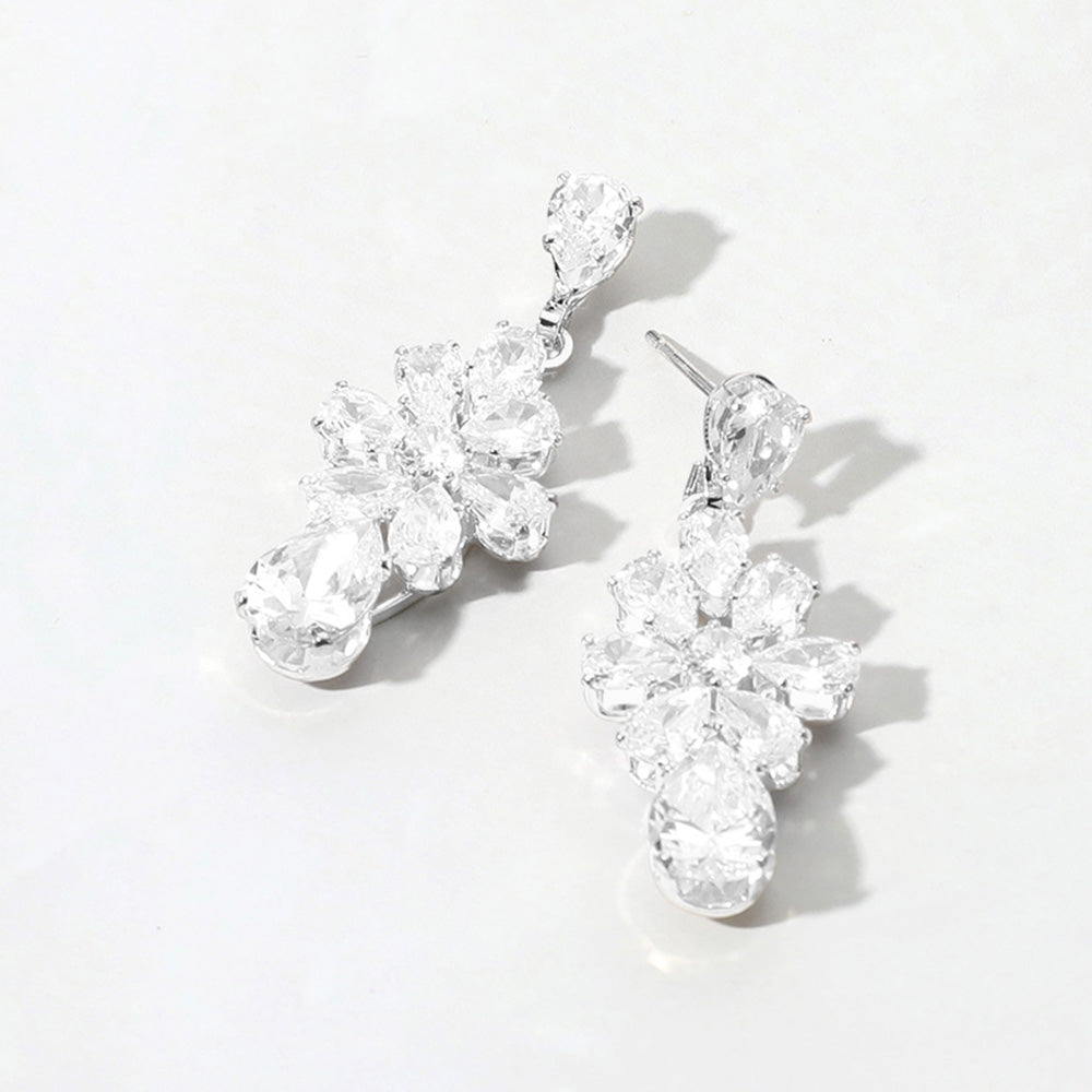 Flower CZ Stone Cluster Teardrop Dangle Evening Earrings
