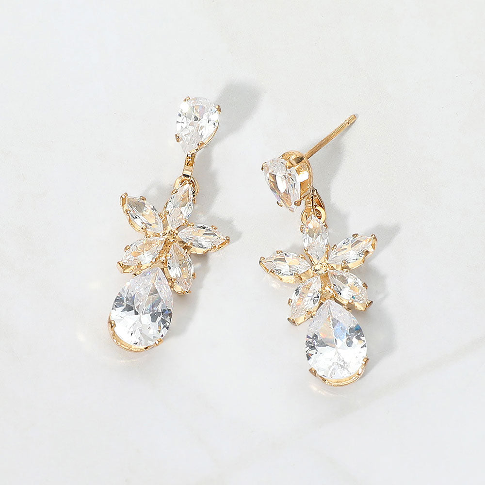 CZ Floral Teardrop Link Drop Evening Earrings