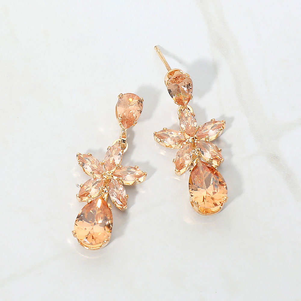 CZ Floral Teardrop Link Drop Evening Earrings