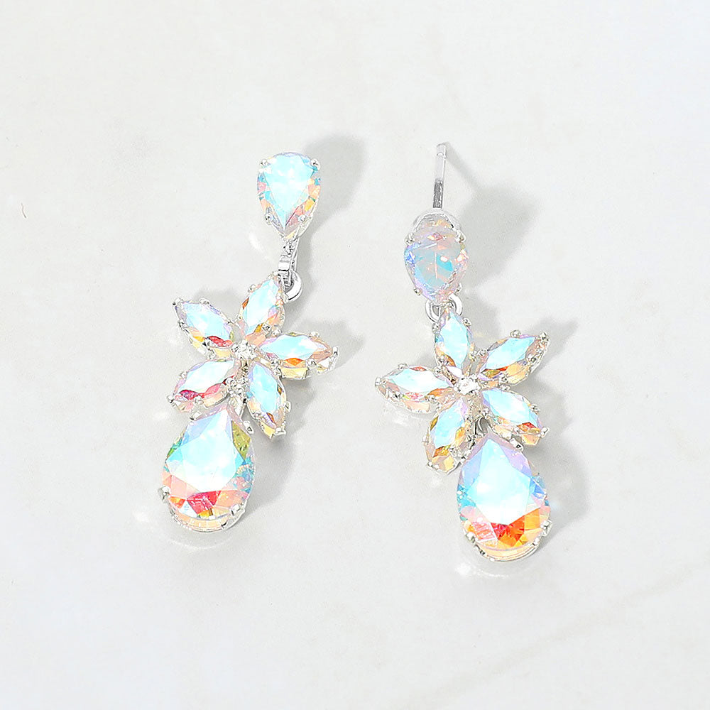 CZ Floral Teardrop Link Drop Evening Earrings
