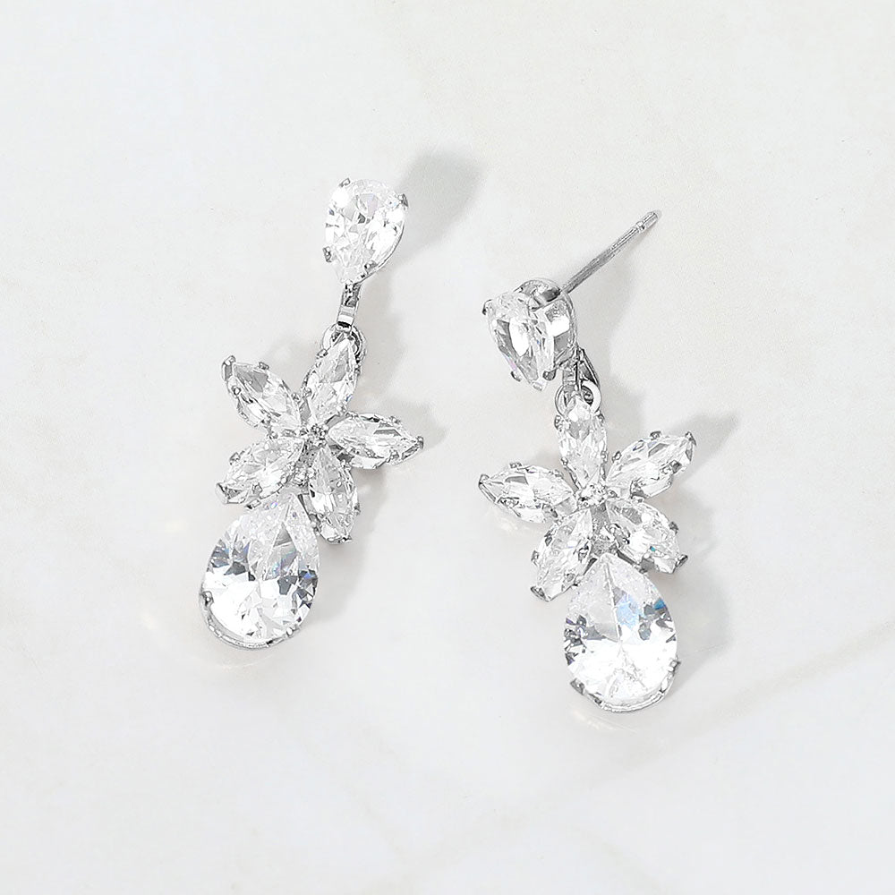 CZ Floral Teardrop Link Drop Evening Earrings