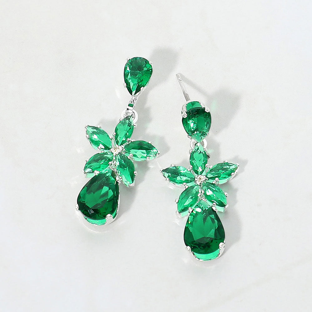CZ Floral Teardrop Link Drop Evening Earrings