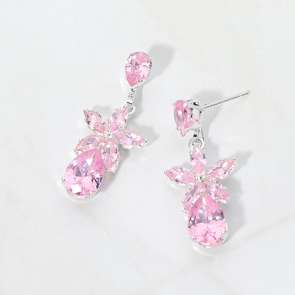 CZ Floral Teardrop Link Drop Evening Earrings