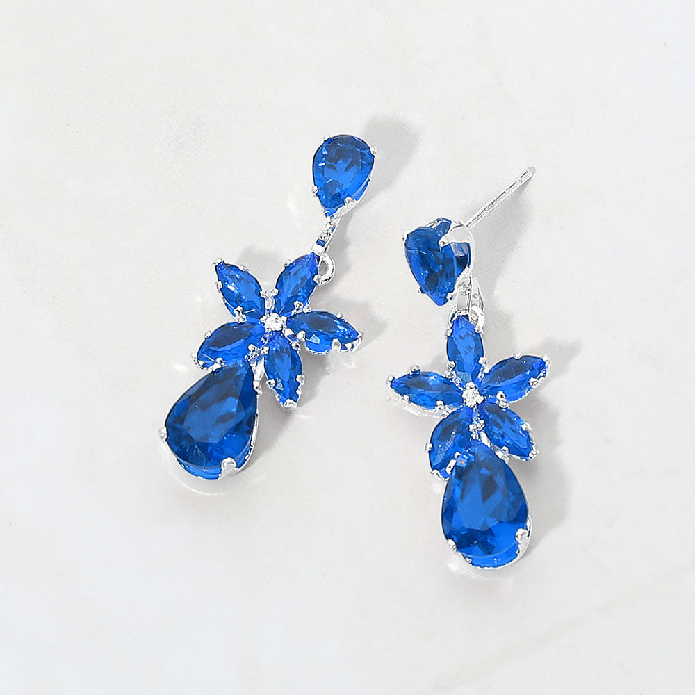 CZ Floral Teardrop Link Drop Evening Earrings