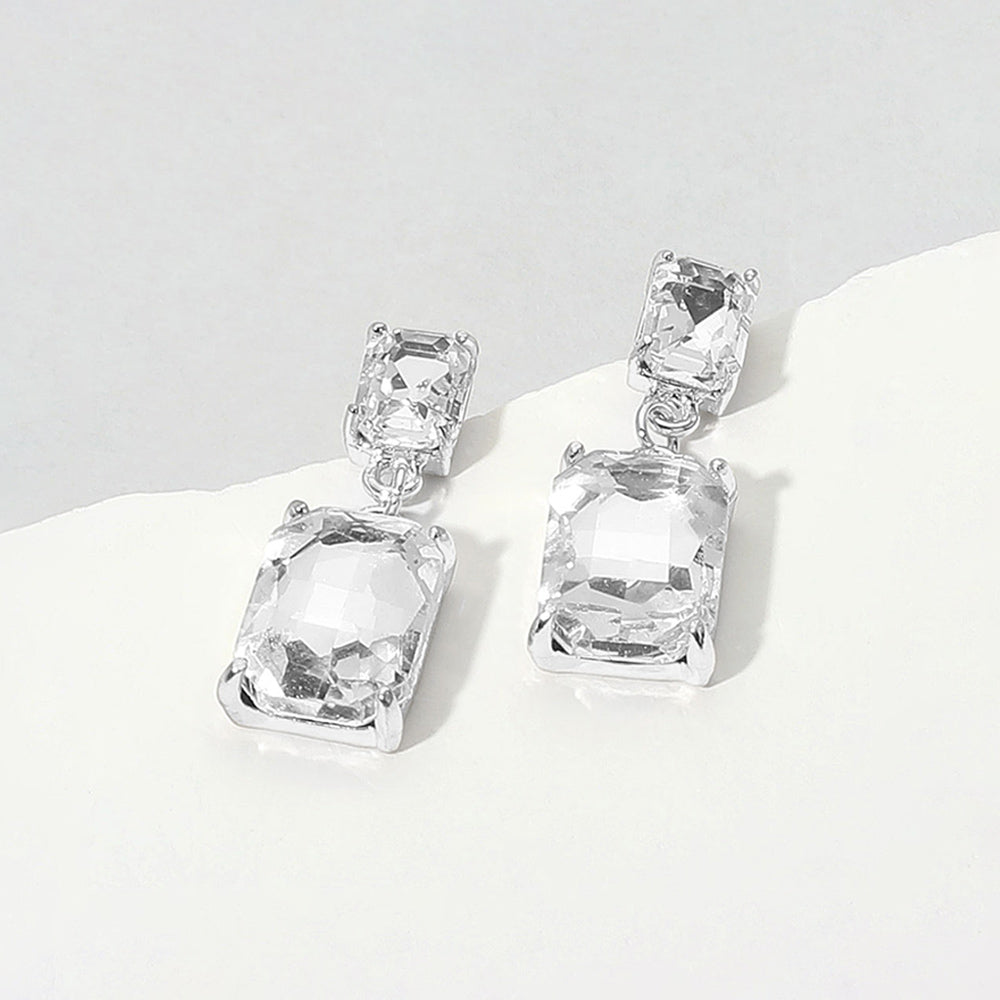 Rectangular Glass Stone Cluster Dangle Evening Earrings