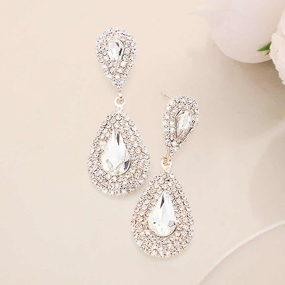 Rhinestone Trim Teardrop Stone Accented Evening Earrings