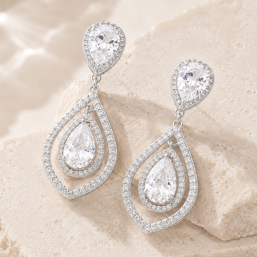 CZ Teardrop Accented Link Dangle Evening Earrings