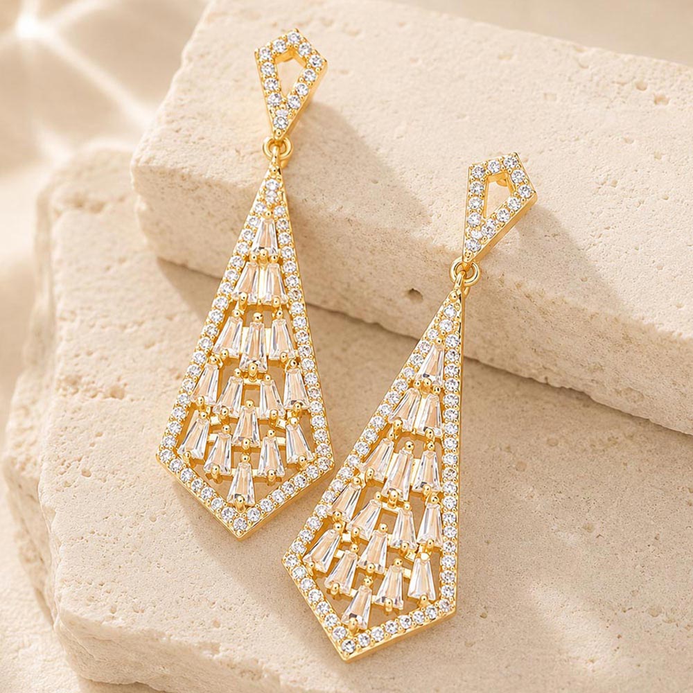 CZ Tapered Baguette Stone Cluster Dangle Evening Earrings