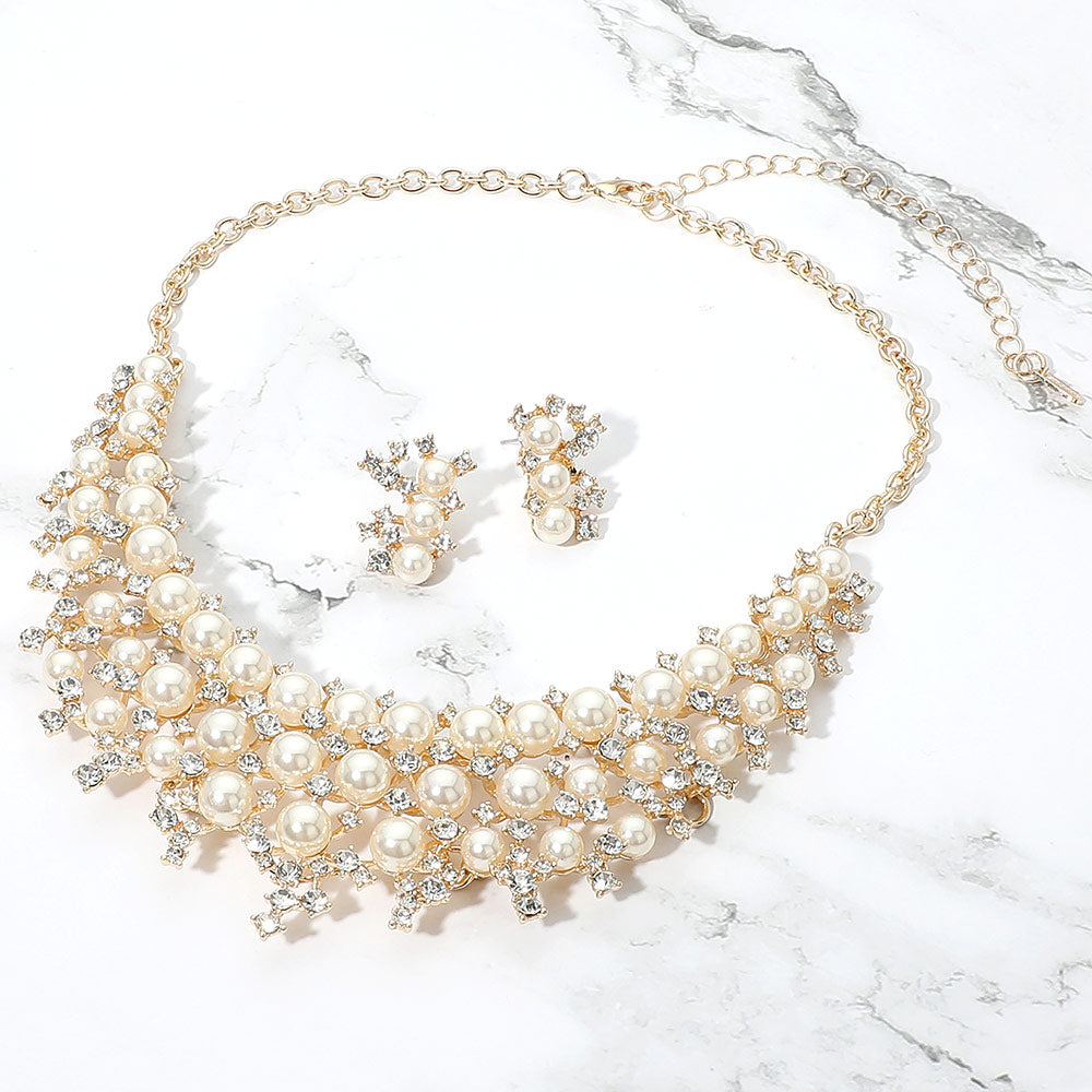 Pearl Cluster Crystal Embellished Statement Evening Necklace