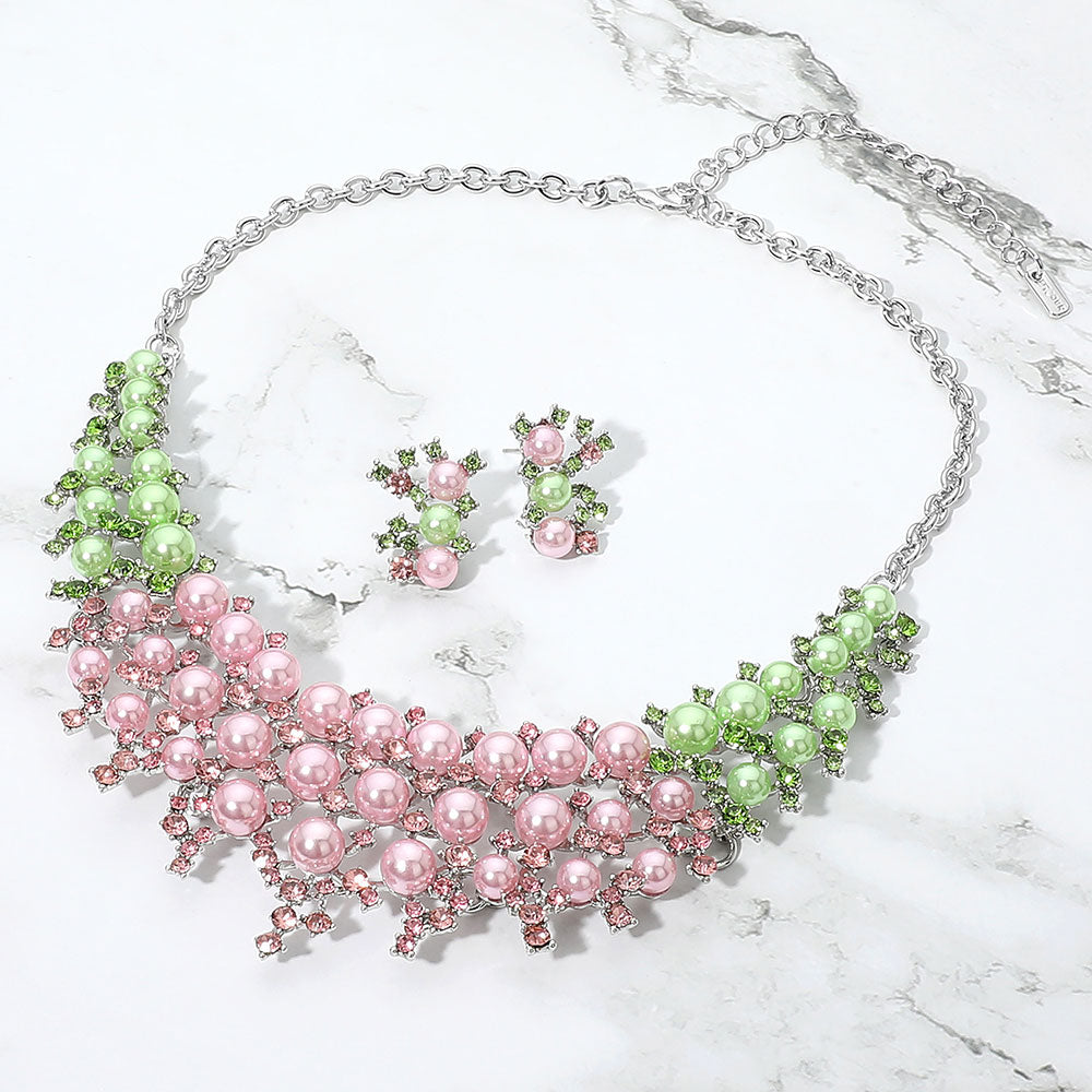 Pearl Cluster Crystal Embellished Statement Evening Necklace