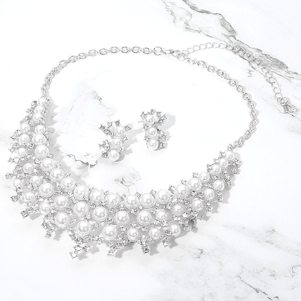 Pearl Cluster Crystal Embellished Statement Evening Necklace