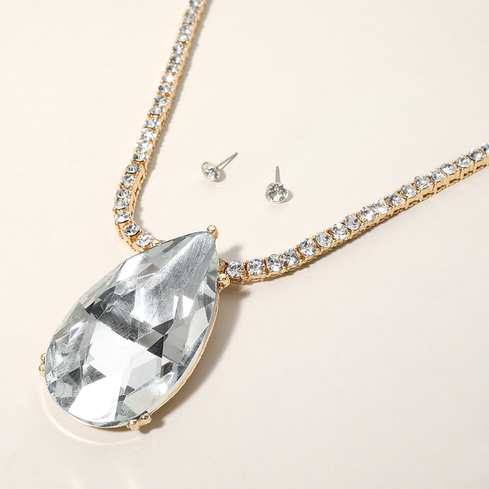 Oversized Teardrop Glass Stone Pendant Bling Studded Chunky Chain Necklace