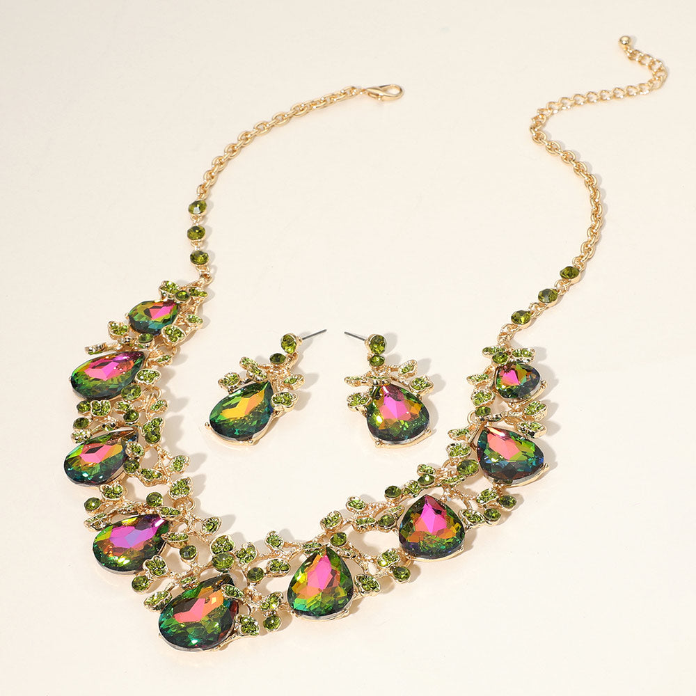 Teardrop Crystal Rhinestone Floral Vine Evening Necklace