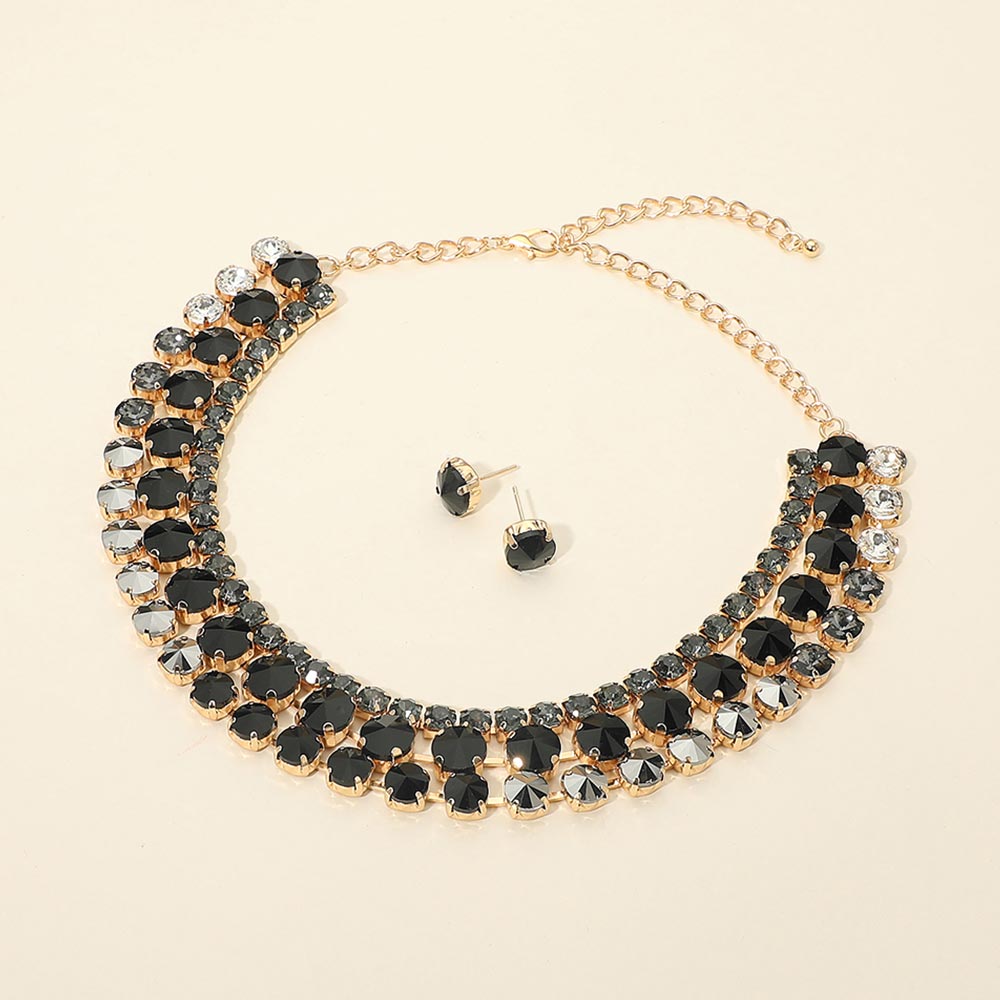 3-Row Round Stone Cluster Evening Statement Necklace