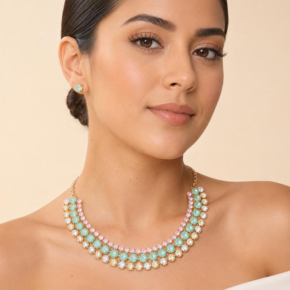 3-Row Round Stone Cluster Evening Statement Necklace