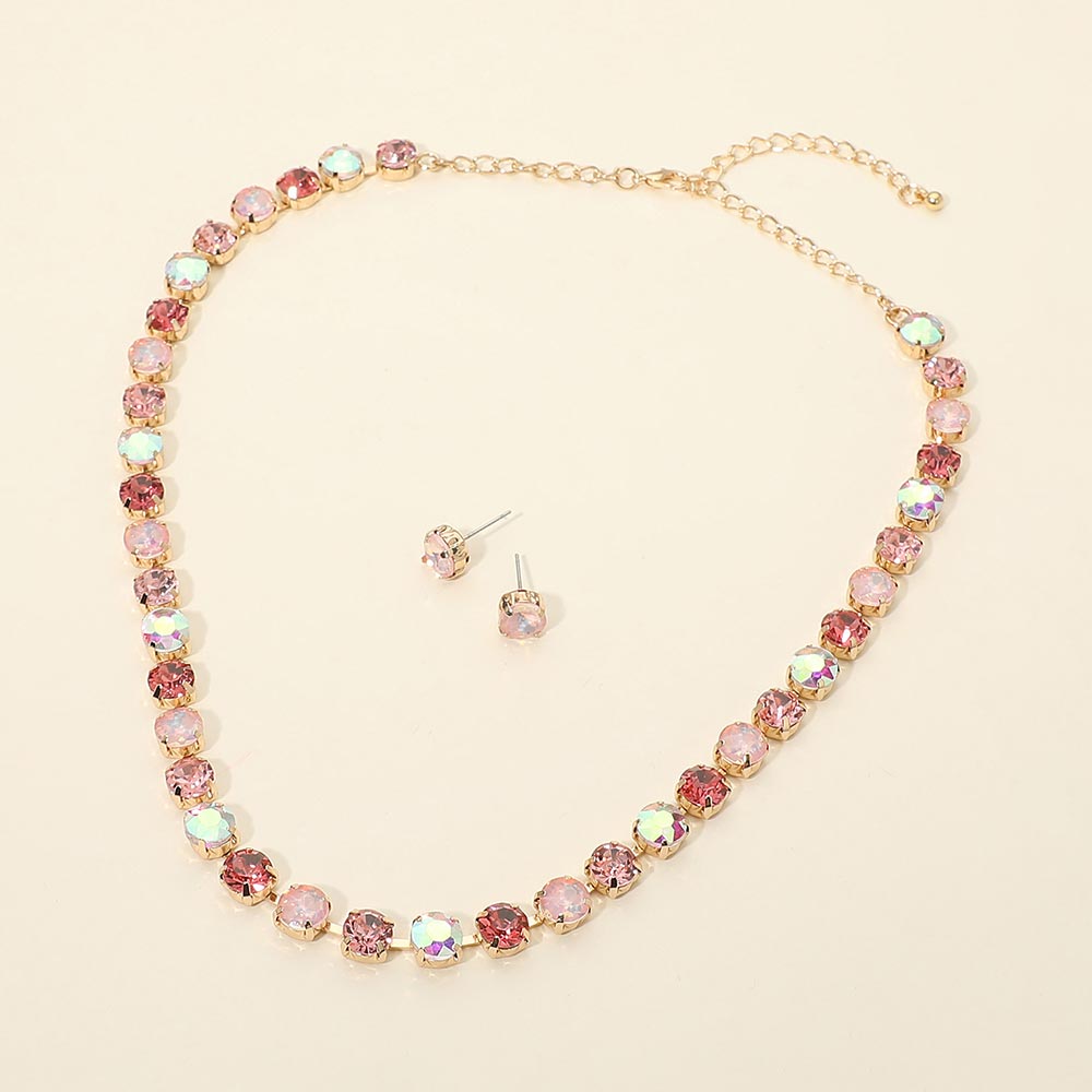 Round Stone Cluster Link Tennis Chain Evening Necklace