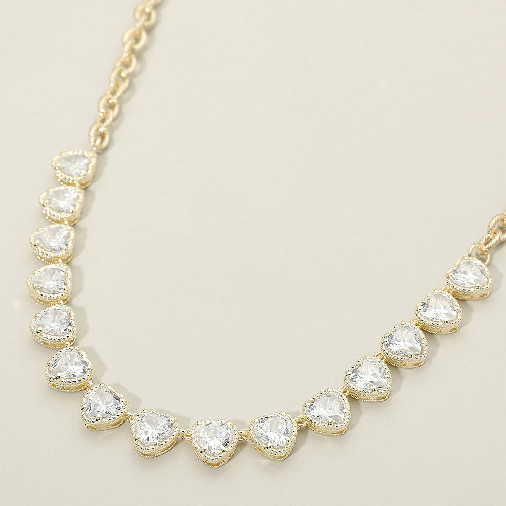 14K Gold Plated CZ Heart Stone Cluster Link Necklace