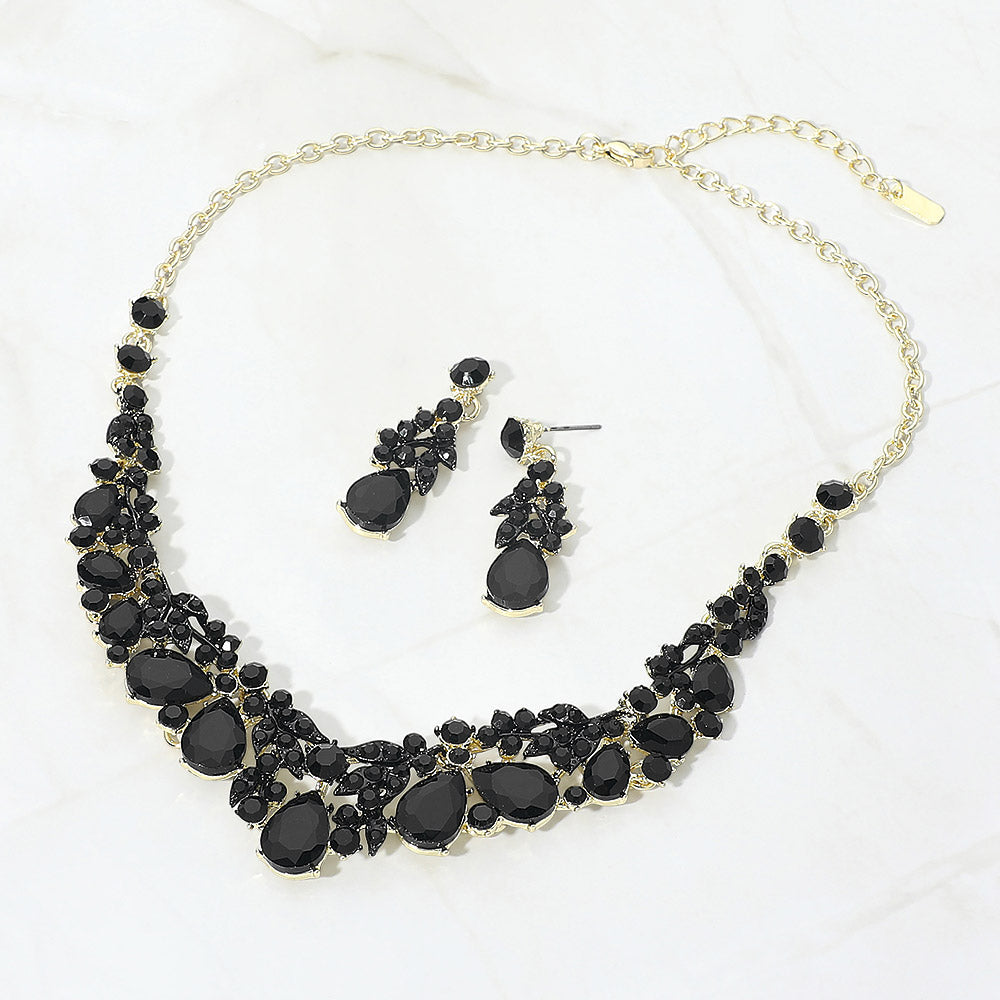 Teardrop Stone Cluster Rhinestone Leaf Vine Evening Necklace