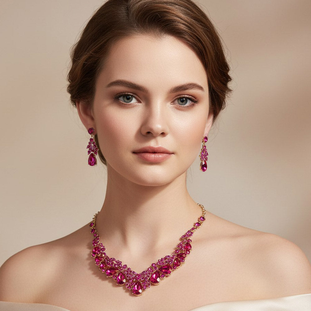 Teardrop Stone Cluster Rhinestone Leaf Vine Evening Necklace