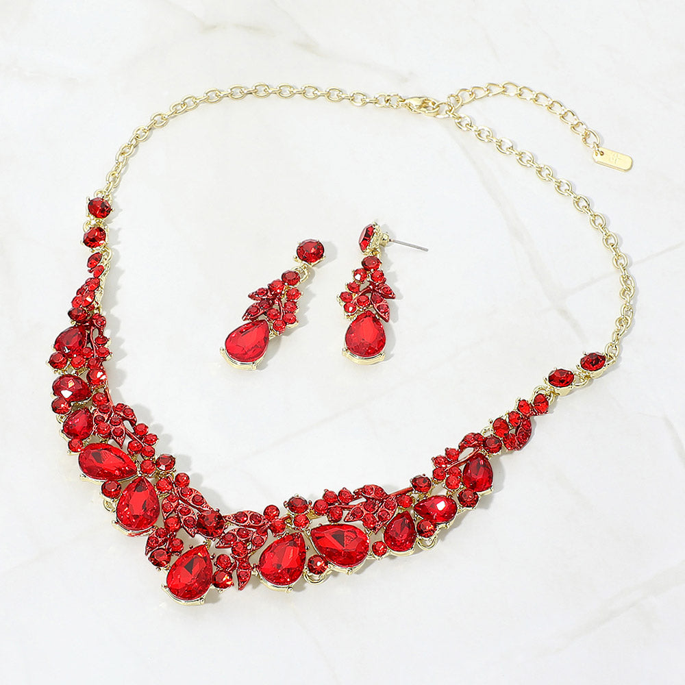 Teardrop Stone Cluster Rhinestone Leaf Vine Evening Necklace