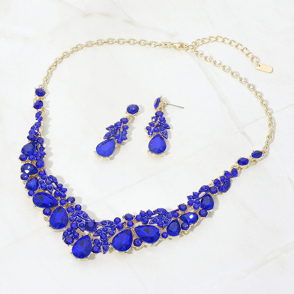 Teardrop Stone Cluster Rhinestone Leaf Vine Evening Necklace