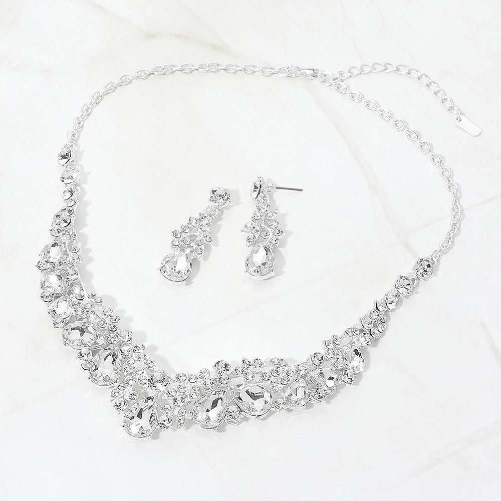 Teardrop Stone Cluster Rhinestone Leaf Vine Evening Necklace