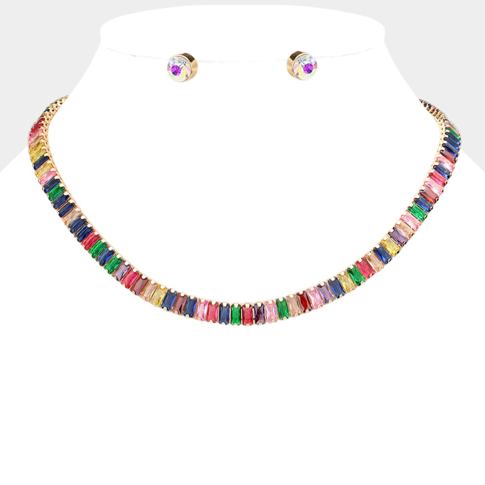 Baguette Stone Cluster Evening Necklace