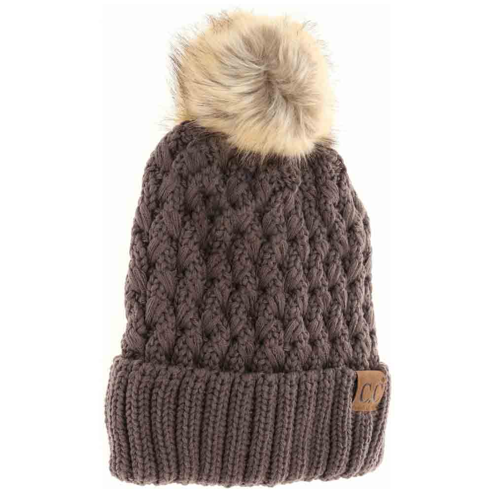 Solid Lattice Stitch Fur Pom C.C Beanie