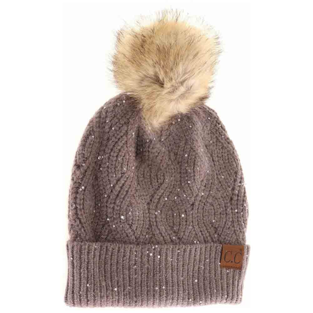 Sequin Brioche Cable Knit Fur Pom C.C Beanie