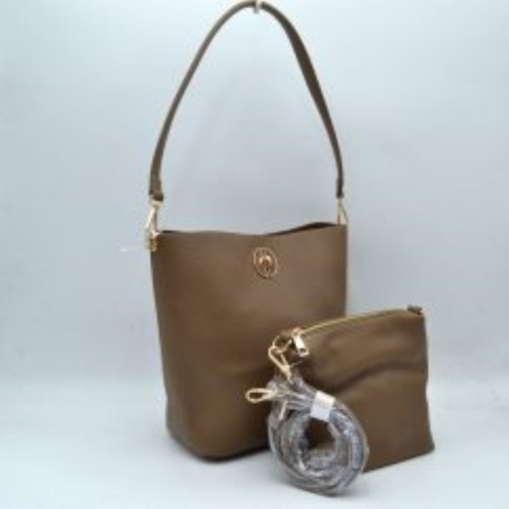 Pebbled Bucket Bag and Crossbody Pouch Set with Circular Lock Accent