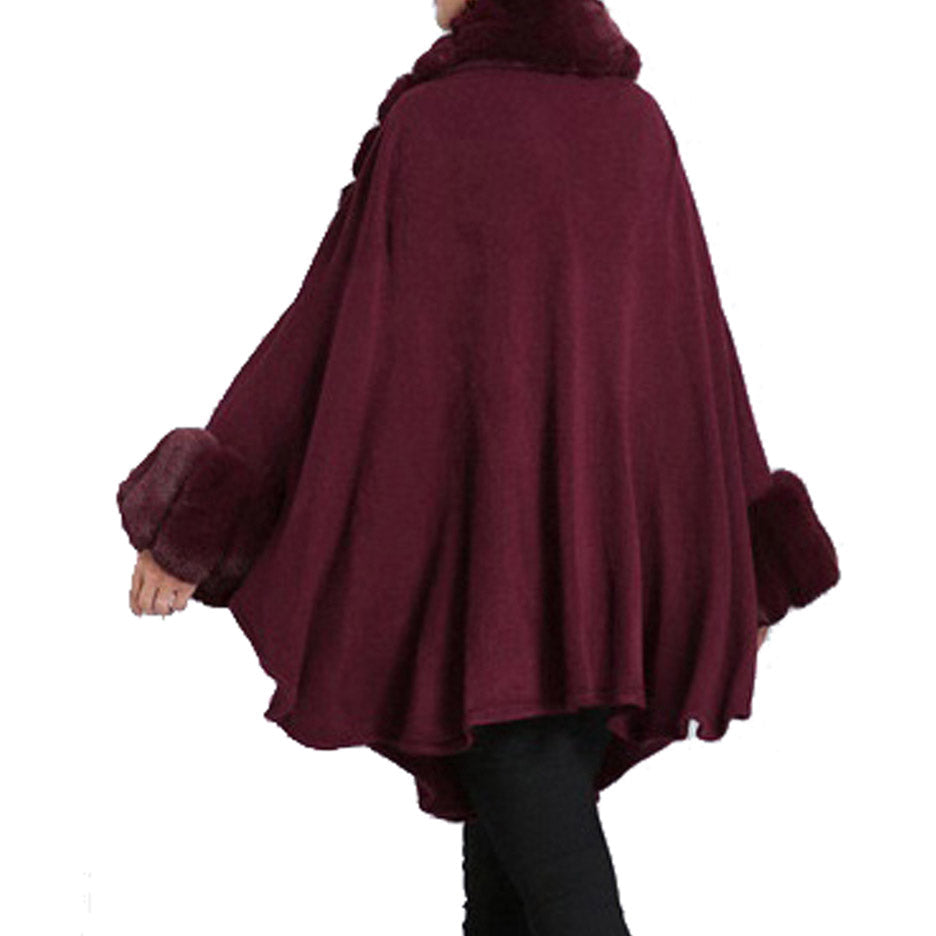 Elegant Faux Fur Trim Collar Cuffs Knit Poncho Ruana