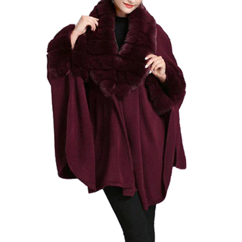 Elegant Faux Fur Trim Collar Cuffs Knit Poncho Ruana