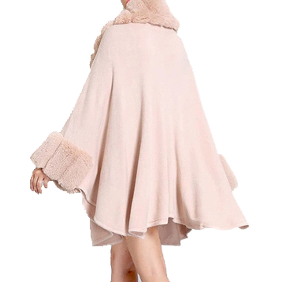 Elegant Faux Fur Trim Collar Cuffs Knit Poncho Ruana