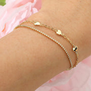 18K Gold Dipped Heart Charm Station Rhinestone Layered Adjustable Cinch Pull Tie Bracelet