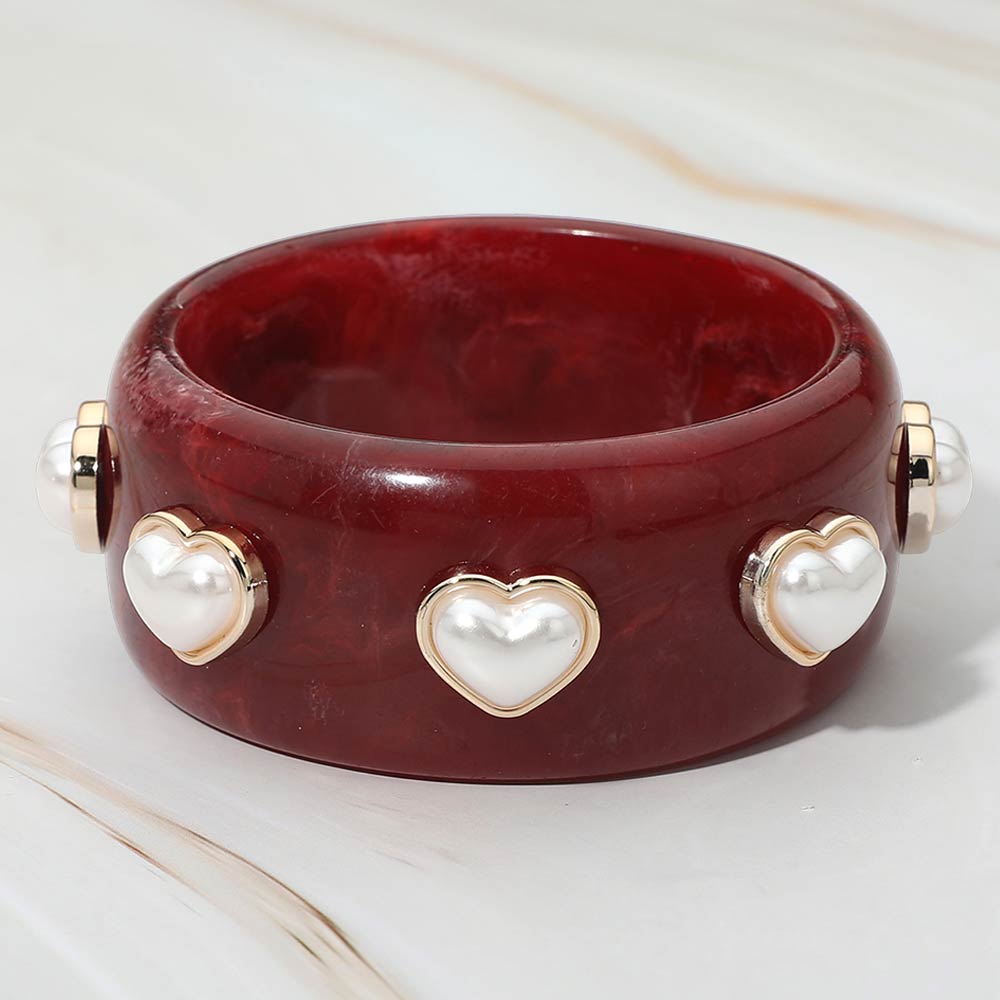 Pearl Heart Cluster Accent Wide Marbled Resin Bangle Bracelet