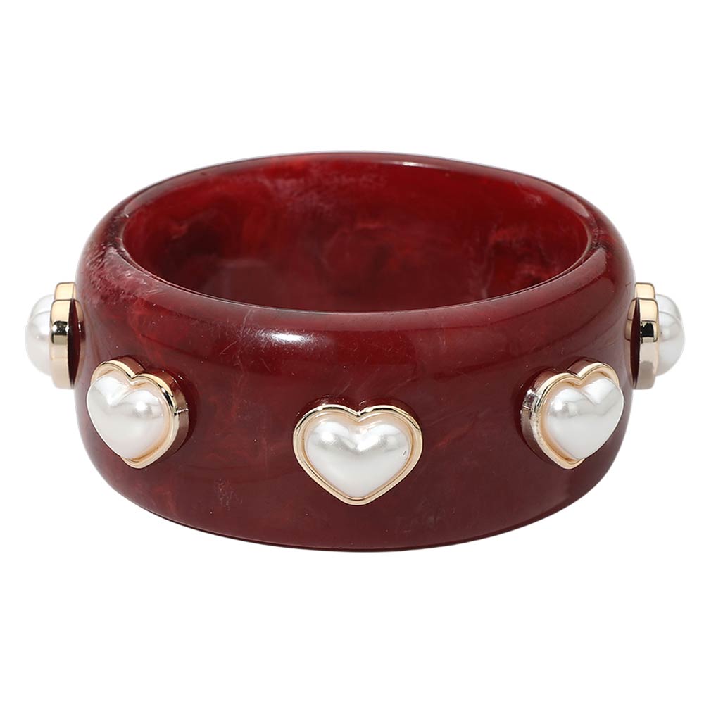 Pearl Heart Cluster Accent Wide Marbled Resin Bangle Bracelet