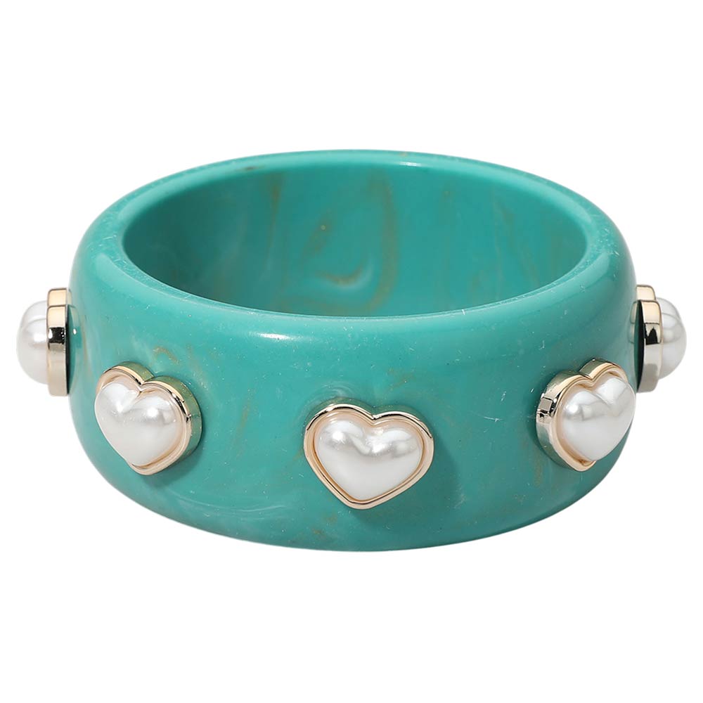 Pearl Heart Cluster Accent Wide Marbled Resin Bangle Bracelet