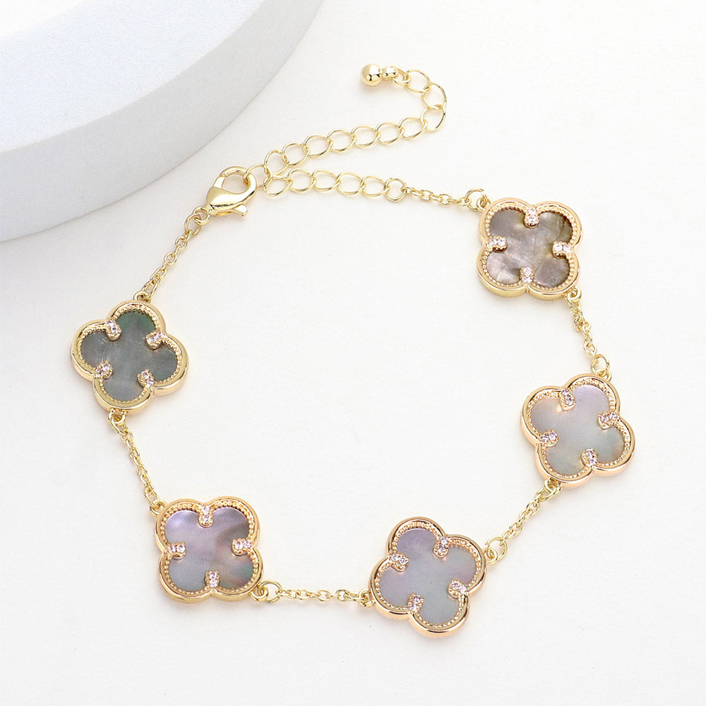 Brass Metal Mother Of Pearl Quatrefoil Station Bracelet