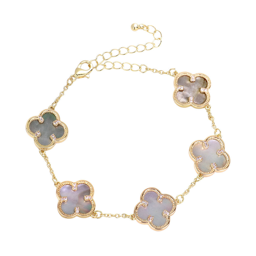 Brass Metal Mother Of Pearl Quatrefoil Station Bracelet