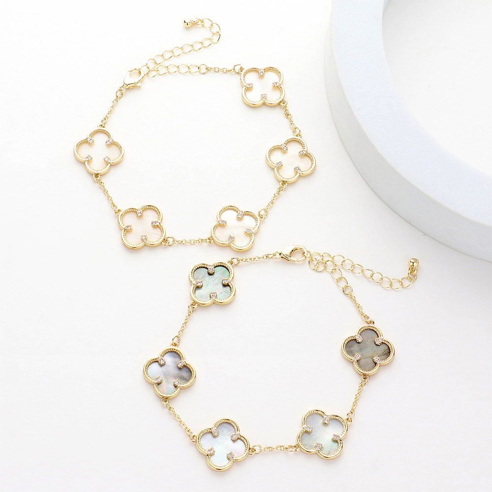 Brass Metal Mother Of Pearl Quatrefoil Station Bracelet