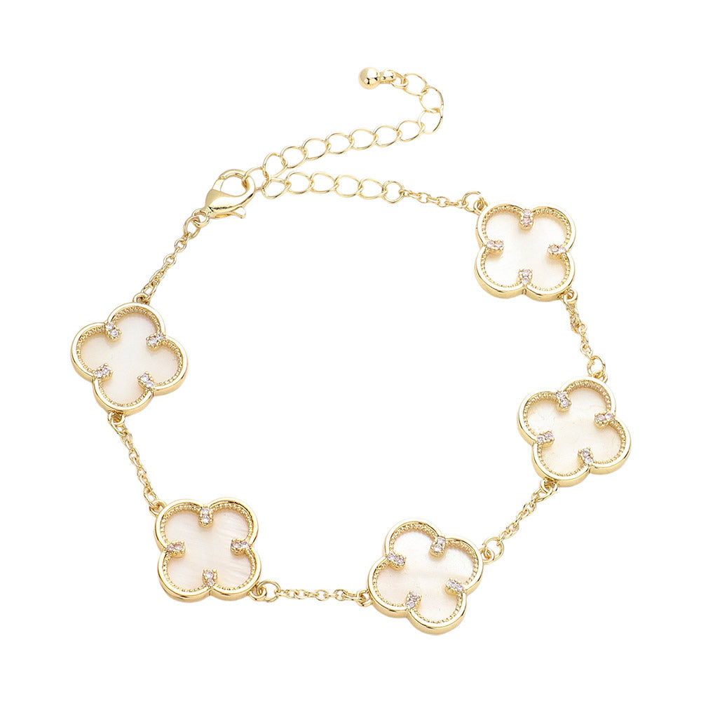 Brass Metal Mother Of Pearl Quatrefoil Station Bracelet