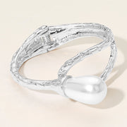 Pearl Accent Hammered Metal Hinged Bangle Bracelet